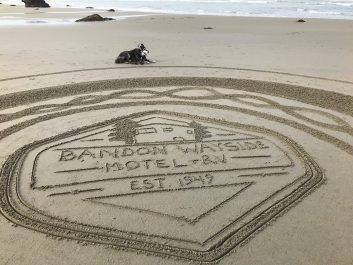 Drawing in sand of Bandon Wayside Motel + RV logo with dog lying on sand
